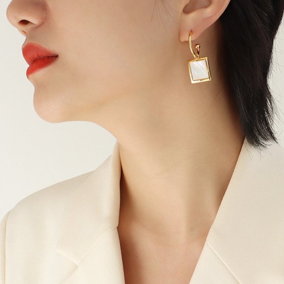 White Shell Geometric CC Hoop 18K Gold Plated Pendant Earrings Stainless Steel - Picture 3 of 7